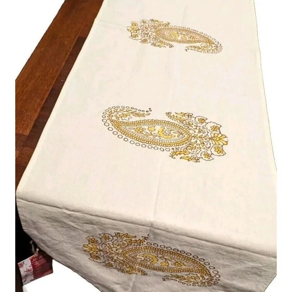 ​Modern Boho Table Runner Mustard Yellow Hand Stamped Block Eccentric Decor Gift